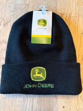 John Deere Black Beanie with Green and Yellow Embroidered Logo